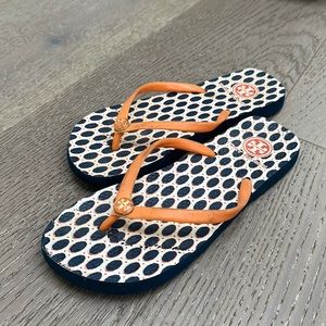 Tory Burch Navy, White & Orange Patterned Flip Flop Sandals